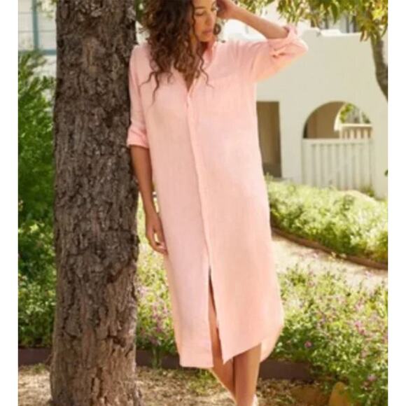 FRANK & EILEEN Sz L Large Peach Coral Linen Rory Maxi Shirt Dress - Picture 1 of 9